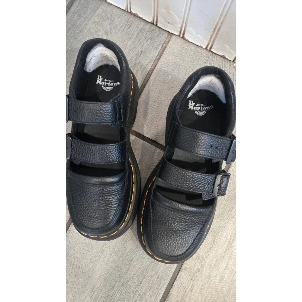 Dr. Martens Black Leather Platform Mary Jane Shoes with Yellow Stitching